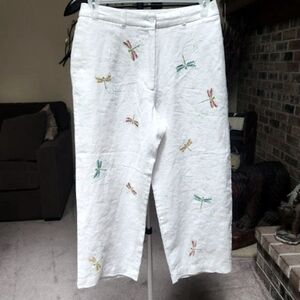 NWT Paraphrase linen dragonfly embroidered capri / crop pants sz 10